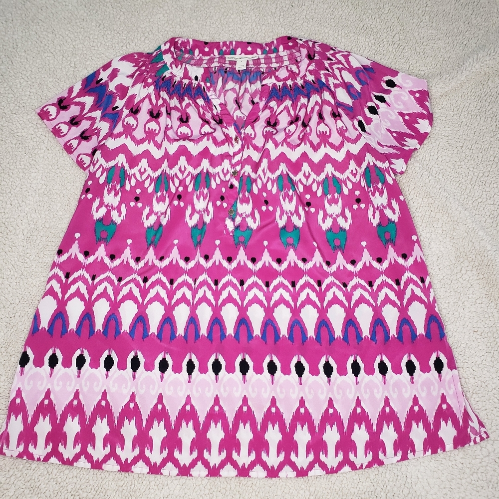 DANA BUCHMAN Short Sleeve Silky Print Pullover Top | Women Large